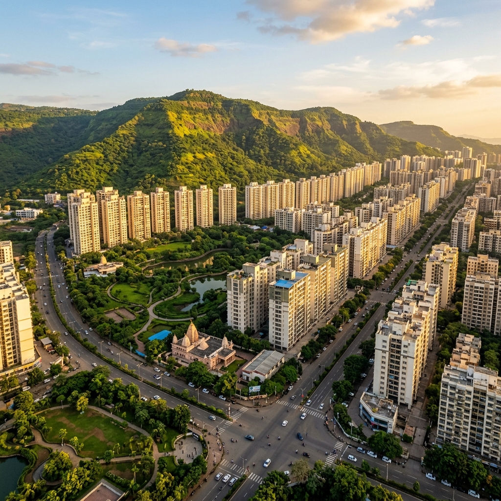 Angled View of Kharghar Planned CIDCO Towers Receding Toward Large Green Hills
